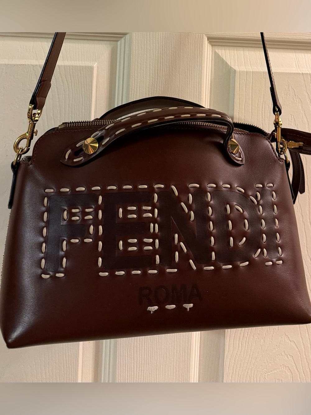 Fendi By The Way Brown Roma Leather 2Way Bag with stitching.